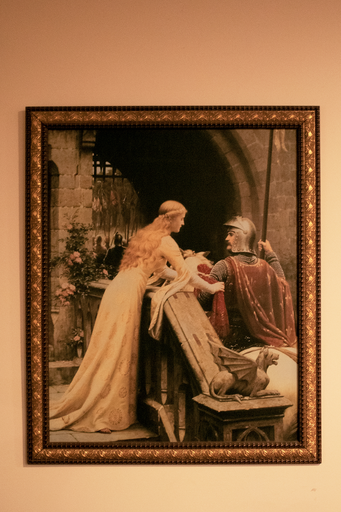 A replica of "Godspeed," a painting by Edmund Leighton, about a knight who goes to war and has to leave behind his beloved. 